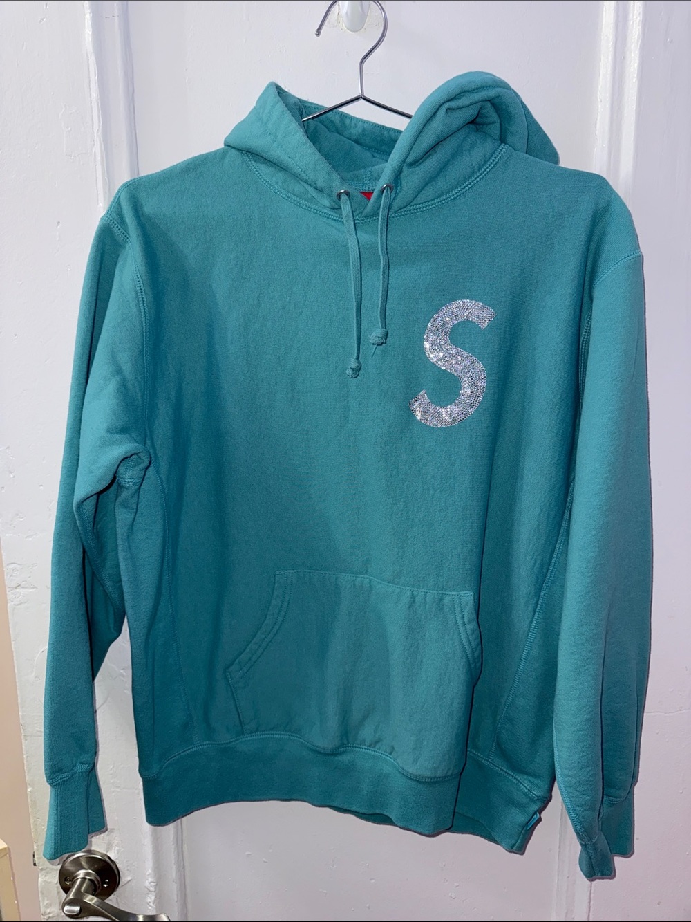 SUPREME Teal Pullover Hoodie with Sparkle Swarovski Crystals 'S' Accent